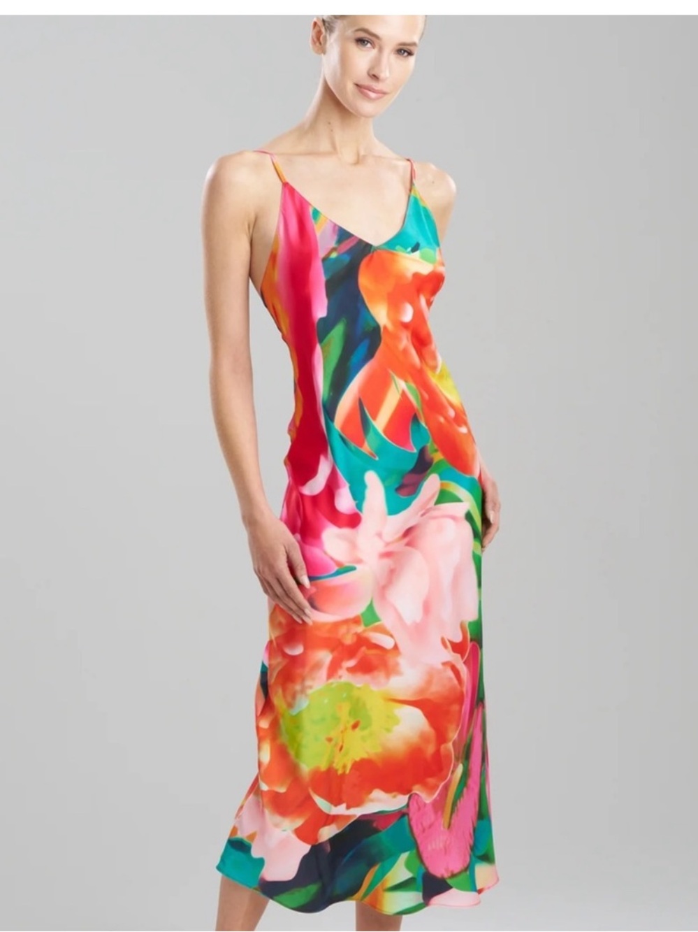 Natori Multicolor Satin Slip Dress with Rainbow Swirl Print
